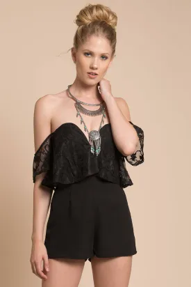 Adeline Lace Open Back Club Party Romper Black