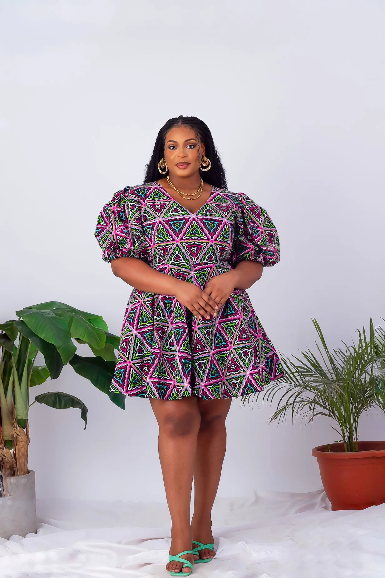 African Print Puff Sleeve Short Dress - Kenya