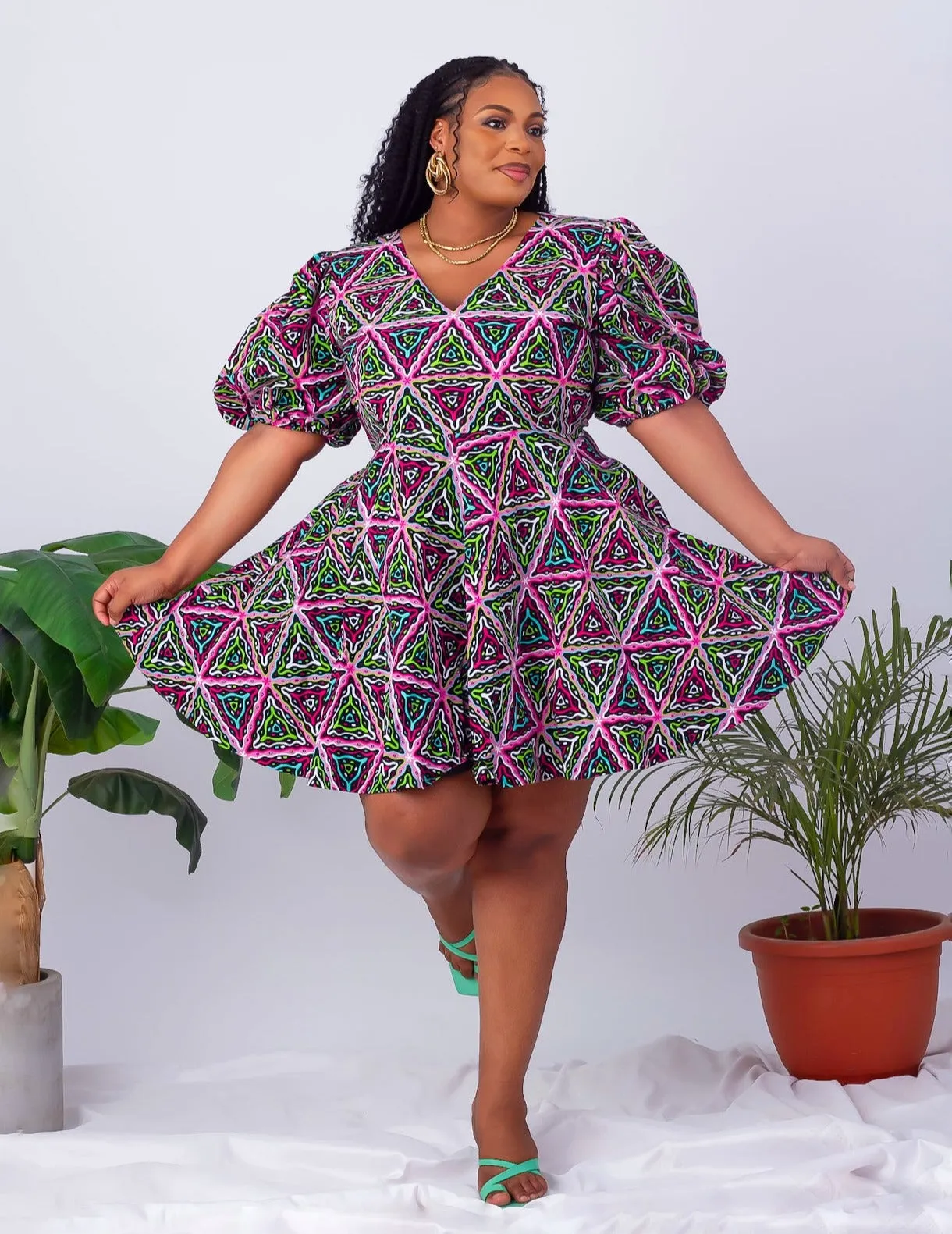 African Print Puff Sleeve Short Dress - Kenya