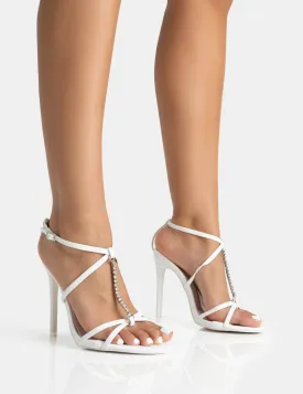 Beau Wide Fit White Pu Diamante Strappy Round Toe Stilettos Heels