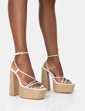 Blissful White PU Asymmetric Strappy Square Toe Raffia Platform Block Heels