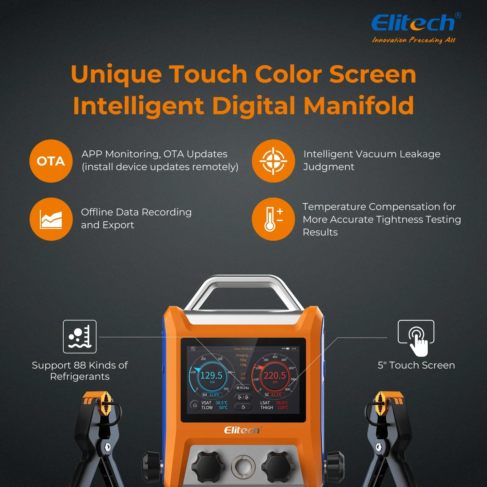 Elitech EMG-40V Intelligent HVAC Digital Manifold Gauge 4-Way Valve with Micron Gauge Transmitter