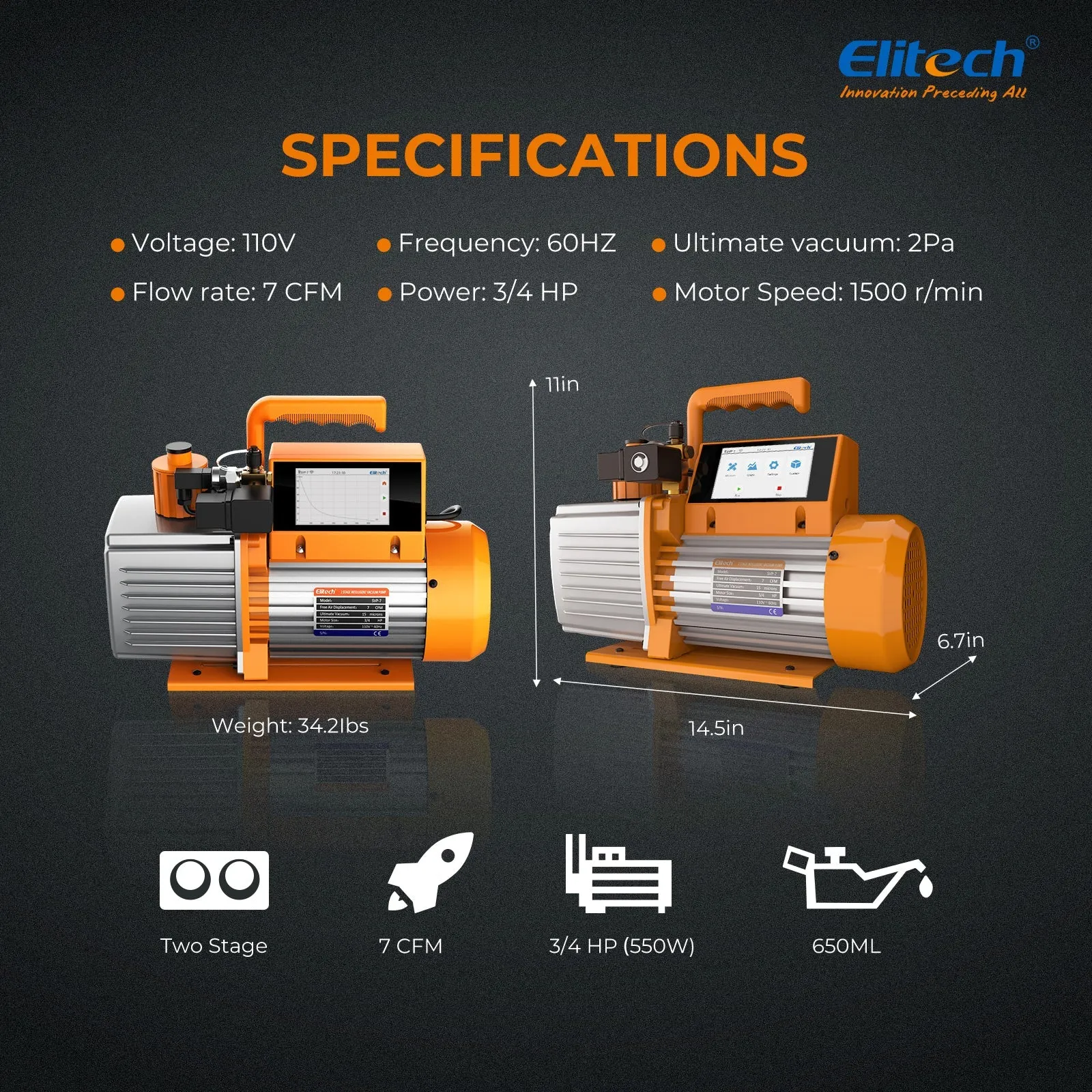 Elitech Intelligent HVAC Vacuum Pump 7 CFM 2 Stage Vacuum Gauge App Control, SVP-7