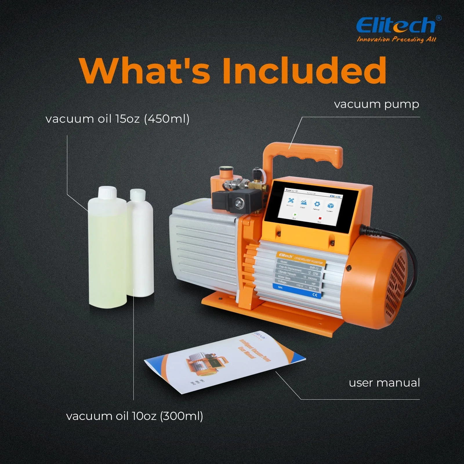 Elitech SVP-12 Intelligent HVAC 1HP Vacuum Pump 12 CFM 2 Stage with Touch Screen