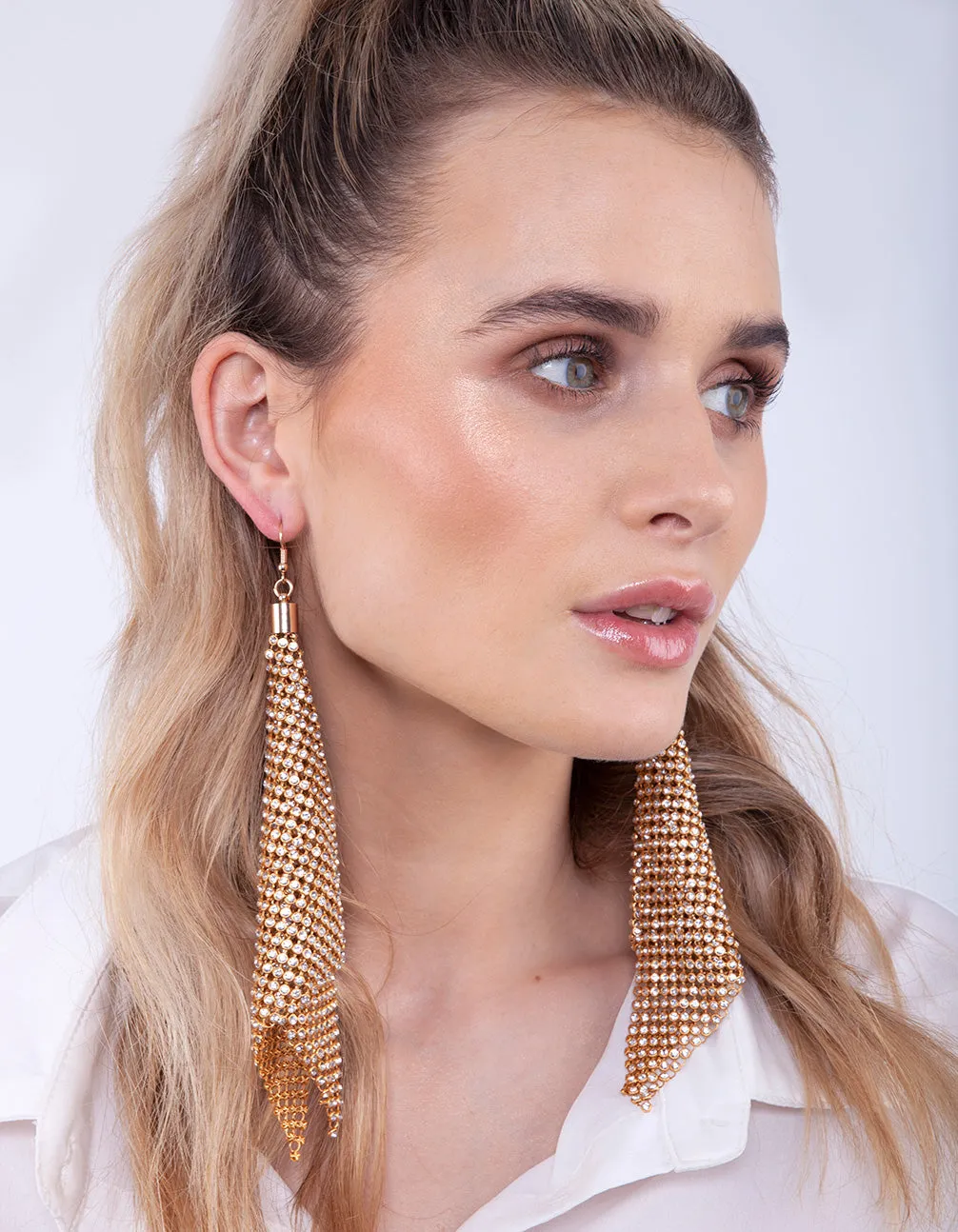 Gold Extra Large Diamante Mesh Drop Earrings