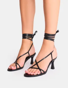 Irisa Cracked Black Lace Up Strappy Mid Heels