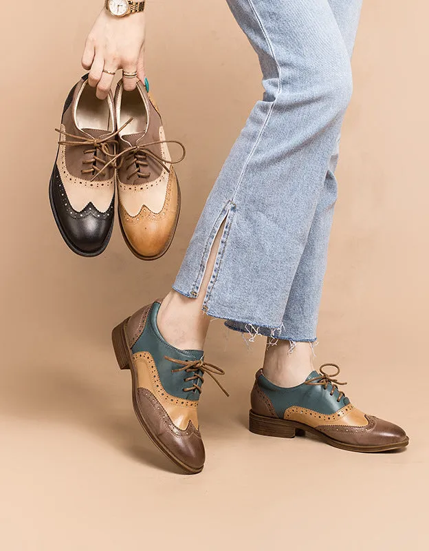 Real Leather Three Tone Lace-up Brogue Oxford Shoes Women