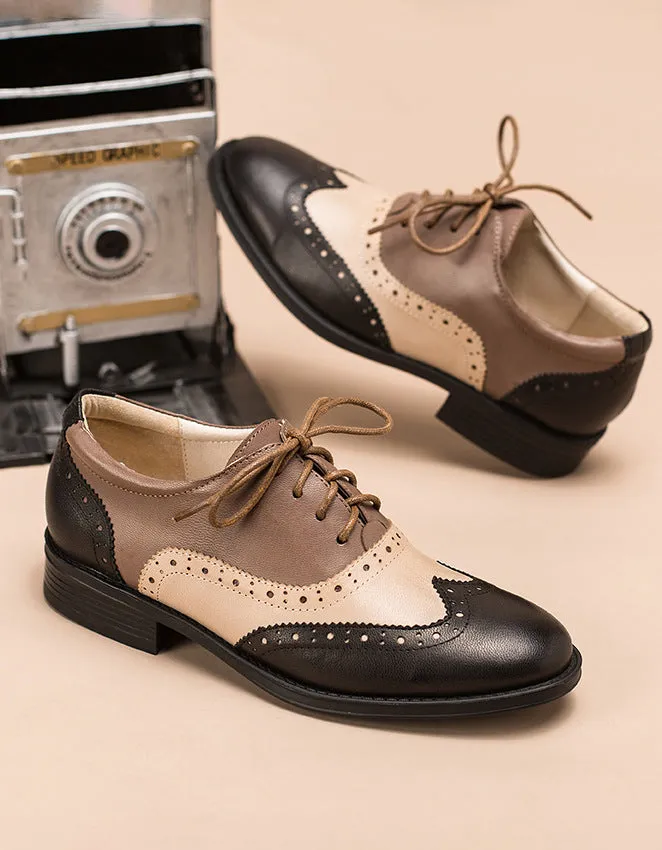 Real Leather Three Tone Lace-up Brogue Oxford Shoes Women