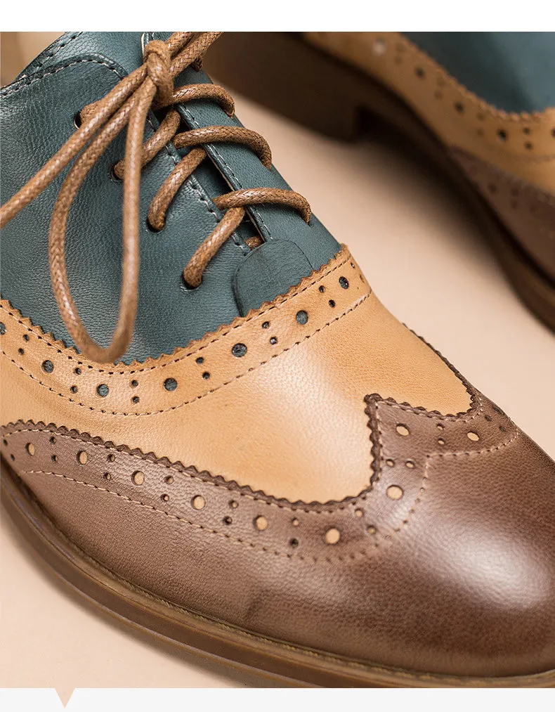 Real Leather Three Tone Lace-up Brogue Oxford Shoes Women