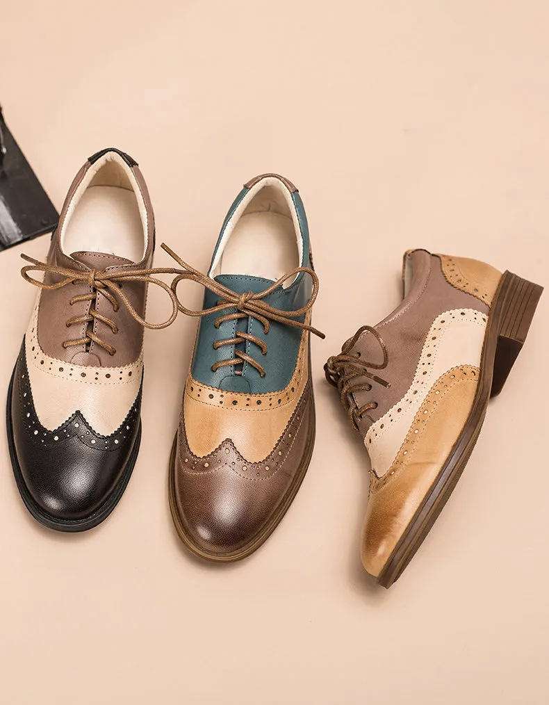 Real Leather Three Tone Lace-up Brogue Oxford Shoes Women