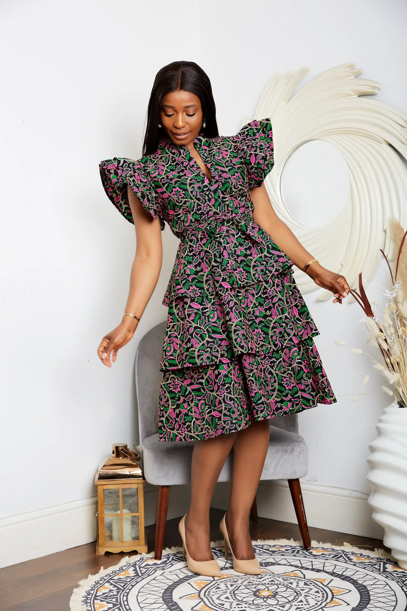 Tiered African Print Cotton Midi Dress with Exaggerated Sleeves - Zitechi